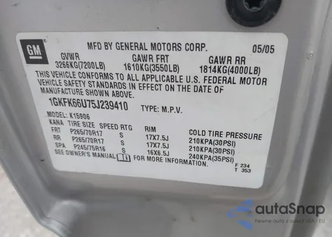 2005 GMC Yukon Xl 1500 Denali z USA, uszkodzony, nr VIN 1GKFK66U75J239410